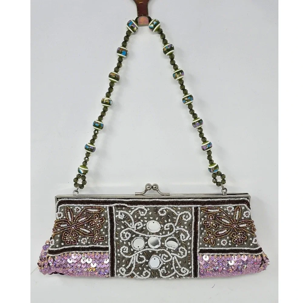 Y2K Vtg beaded sequin mirror clutch women evening bag club wear festival retro